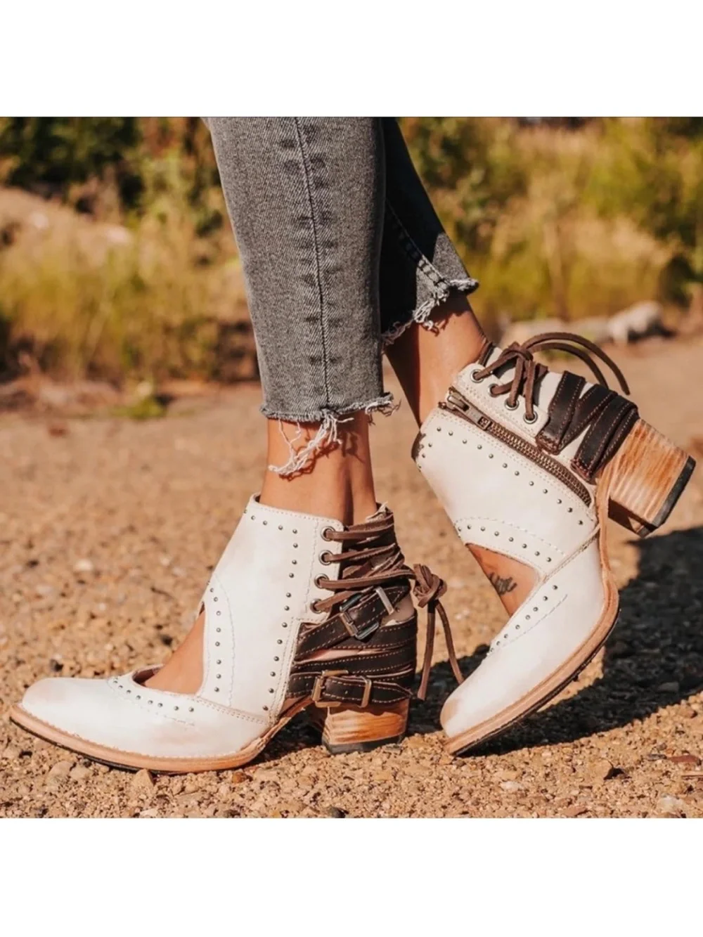 Freebird By Steven Desert Leather Buckle Cutout Studded Ankle Boots Size 10